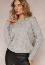 Szary Sweter z Okrągłym Dekoltem i Splotem w Warkocze Dawnitta. Szare swetry klasyczne damskie Renee, z dzianiny, bez kołnierzyka. Za 79.99 zł.