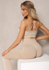 Beżowy Elastyczny Komplet Fitness Usztywniany Biustonosz i Legginsy z Gumką Orbinra. Brązowe legginsy damskie Renee, m, bez wzorów. Za 64.99 zł.