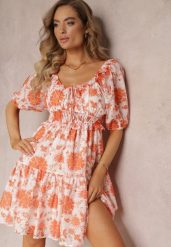 Pomarańczowa Sukienka Mini z Hiszpańskim Dekoltem i Gumką w Talii Lisella. Brązowe sukienki damskie Renee, bez wzorów, z tkaniny, bez ramiączek. W wyprzedaży za 47.99 zł.