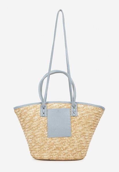 Niebiesko-Beżowa Shopperka Torebka z Plecionki z Wstawkami z Ekoskóry na Suwak Eftubia. Niebieskie torebki klasyczne damskie Born2be, bez dodatków. Za 149.99 zł.