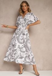 Biała Kopertowa Sukienka z Bawełną w Geometryczny Wzór Lunasena. Białe sukienki damskie Renee, bez wzorów, z bawełny, eleganckie, bez ramiączek. W wyprzedaży za 55.99 zł.