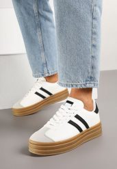 Biało-Czarne Sneakersy na Platformie z Minimalistycznymi Przeszyciami Teritha. Białe obuwie sportowe damskie Born2be, z materiału, bez zapięcia. Za 109.99 zł.