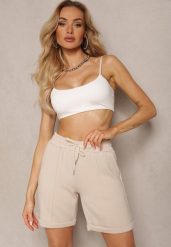 Beżowe Casualowe Szorty High Waist z Kieszeniami Wykończone Gumką Shezetta. Brązowe szorty damskie Renee, bez wzorów, z materiału, z podwyższonym stanem. Za 44.99 zł.
