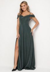 Ciemnozielona Sukienka Koktajlowa na Ramiączkach z Opadającymi Ramionami Emariana. Zielone sukienki damskie Born2be, bez wzorów, eleganckie, bez ramiączek. Za 169.99 zł.