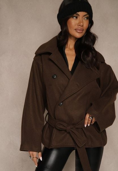 Brązowy Pudełkowy Krótki Płaszcz z Wiskozą z Wiązanym Paskiem i Kołnierzykiem Tusainea. Brązowe płaszcze damskie Renee, bez wzorów, z dzianiny, bez kaptura. Za 179.99 zł.