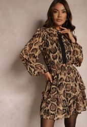 Brązowa Panterkowa Sukienka o Rozkloszowanym Kroju ze Stójką i Falbankami Labrette. Brązowe sukienki damskie Renee, bez wzorów, eleganckie, bez ramiączek. W wyprzedaży za 127.99 zł.