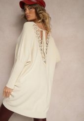 Jasnobeżowy Sweter z Modalem i Wiskozą Ozdobiony Koronką Zinnorela. Brązowe swetry klasyczne damskie Renee, z koronki, bez kołnierzyka. Za 99.99 zł.