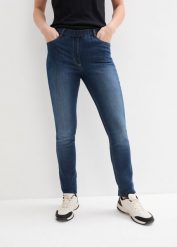 Jegginsy mid waist z wygodnym paskiem w talii. Niebieskie rurki damskie bonprix, bez wzorów, z jeansu. Za 84.99 zł.