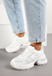 Białe Sneakersy na Piankowej Podeszwie Zdobione Cyrkoniami Raviel. Białe obuwie sportowe damskie Born2be, z jeansu, bez zapięcia. Za 109.99 zł.