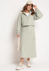 Miętowy Komplet Casualowy Bluza z Suwakiem i Stójką oraz Spódnica z Kieszeniami Hettora. Zielone bluzy damskie Born2be, l, bez wzorów, bez kaptura. Za 149.99 zł.