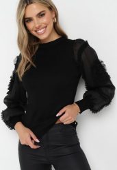 Czarny Sweter z Półgolfem i Bufiastymi Rękawami Ozdobionymi Falbankami Cyvesa. Czarne swetry klasyczne damskie Born2be, bez kołnierzyka. Za 139.99 zł.