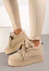 Ciemnobeżowe Sneakersy Vices na Platformie z Ozdobnym Futerkiem Nalirea. Brązowe obuwie sportowe damskie Born2be, na zimę, z wełny, bez zapięcia. Za 89.99 zł.