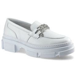 Półbuty damskie Karino, naturalna skóra licowa w białym kolorze z ozdobnym łańcuchem na podbiciu oraz masywną podeszwą o wyraźnym profilu, białe, 389. Białe półbuty damskie Karino, bez wzorów, ze skóry, bez obcasa, bez zapięcia. Za 255.00 zł.