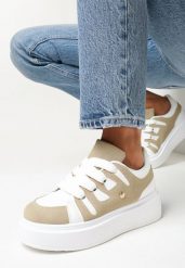 Ciemnobeżowe Sneakersy na Platformie Ozdobione Paskami Asmeret. Brązowe obuwie sportowe damskie Born2be, z jeansu, bez zapięcia. Za 89.99 zł.