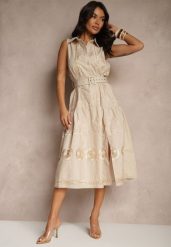 Beżowa Sukienka o Koszulowym Kroju z Paskiem Zdobiona Haftem Talliera. Brązowe sukienki damskie Renee, z aplikacjami, z poliesteru, eleganckie, bez ramiączek. W wyprzedaży za 135.99 zł.