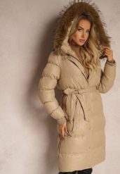 Beżowa Kurtka Pikowana o Długim Kroju z Kapturem Wiązana w Pasie z Odpinanym Futerkiem Phorira. Brązowe kurtki damskie Renee, l, bez wzorów, z jeansu, z kapturem. Za 229.99 zł.