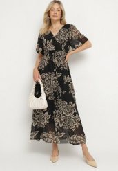 Czarna Sukienka w Kwiaty o Rozkloszowanym Kroju z Wiązaniem Raloiti. Czarne sukienki damskie Born2be, bez wzorów, eleganckie, bez ramiączek. Za 129.99 zł.