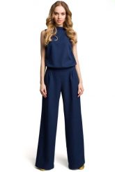 Granatowy Elegancki Kombinezon z Wysokim Kołnierzem. Niebieskie kombinezony damskie MOE, l, bez wzorów, z elastanu, eleganckie, bez kołnierzyka, bez ramiączek. Za 306.90 zł.