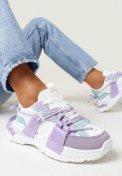Fioletowe Sneakersy z Elastycznym Sznurowaniem i Ozdobnymi Taśmami Jarlele. Fioletowe obuwie sportowe damskie Born2be, bez zapięcia. Za 34.99 zł.