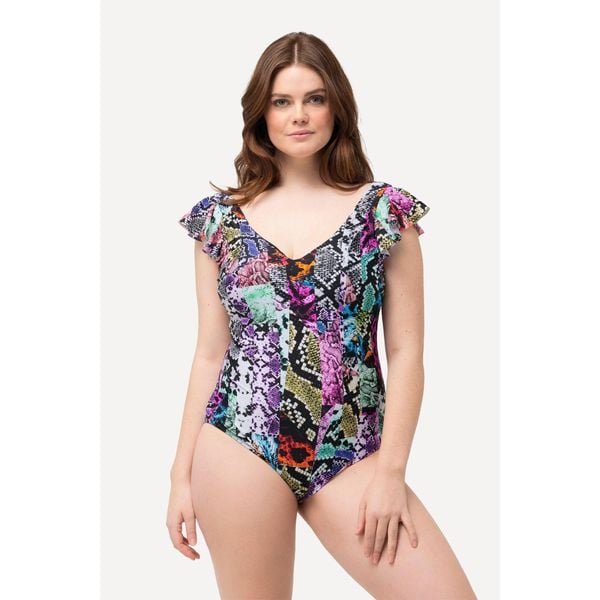 Damski Kostium kąpielowy mieszanka wzorów miękkie miseczki rękaw motylek. Czarne stroje jednoczęściowe Ulla Popken, bez wzorów, z elastanu. W wyprzedaży za 191.99 zł.