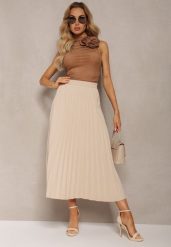 Beżowa Rozkloszowana Spódnica High Waist z Ozdobnymi Plisami i Gumką w Pasie Veratia. Brązowe spódnice damskie Renee, na co dzień, l, bez wzorów, z tkaniny, eleganckie, maxi. Za 99.99 zł.