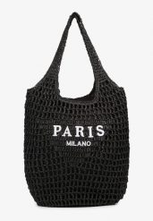 Czarna Torebka Shopper z Plecionką i Napisami Navessa. Czarne shopper bag Born2be, bez wzorów, bez dodatków. Za 99.99 zł.