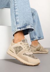 Ciemnobeżowe Sneakersy Ozdobione Wzorzystymi Wstawkami Halisna. Brązowe obuwie sportowe damskie Renee, z jeansu, bez zapięcia. Za 69.99 zł.