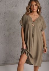 Ciemnobeżowa Sukienka o Pudełkowym Kroju z Lnem i Wiskozą Zdobiona Guzikiem Mezynore. Brązowe sukienki damskie Renee, z aplikacjami, z bawełny, wakacyjne, bez ramiączek. Za 89.99 zł.