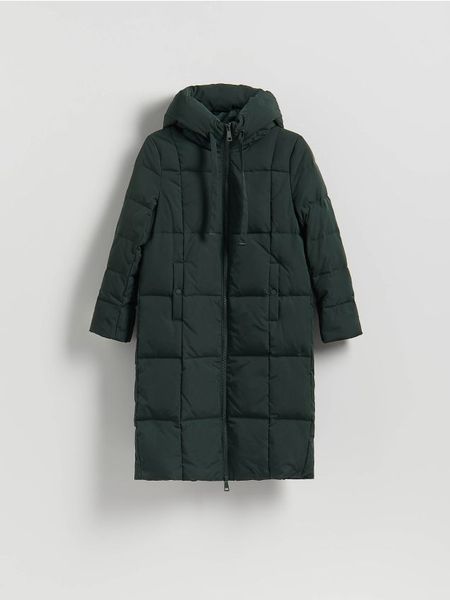 Pikowana kurtka z puchem - morski. Zielone kurtki damskie Reserved, l, bez wzorów, z puchu, bez kaptura. Za 399.99 zł.