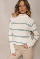 Beżowo-Zielony Sweter w Poziome Pasy z Domieszką Wiskozy Tintarina. Zielone swetry klasyczne damskie Renee, uniwersalny, z jeansu, bez kołnierzyka. Za 59.99 zł.