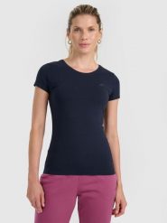 4F T-shirt slim gładki damski S. Niebieskie koszulki sportowe damskie 4F, l, bez wzorów, z bawełny, bez ramiączek, na fitness i siłownię. W wyprzedaży za 29.99 zł.