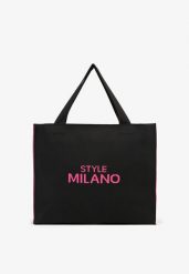 Czarno-Fuksjowa Torebka Shopper Materiałowa z Napisem Zasuwana Saliretia. Czarne shopper bag Born2be, bez wzorów, z materiału, bez dodatków. Za 74.99 zł.
