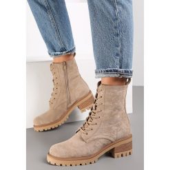 Beżowe Botki ze Sznurowaniem Ditra. Brązowe botki damskie Renee, eleganckie, przed kolano, bez obcasa, na płaskiej podeszwie, bez zapięcia. Za 129.99 zł.