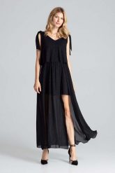 Czarna Warstwowa Maxi Sukienka Wiązana na Ramionach. Czarne sukienki damskie Figl, bez wzorów, z elastanu, wizytowe, bez ramiączek. Za 369.00 zł.