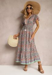 Pomarańczowo-Niebieska Rozkloszowana Sukienka w Etniczny Wzór z Krótkim Rękawem i Gumką w Pasie Zorisa. Brązowe sukienki damskie Renee, bez wzorów, eleganckie, bez ramiączek. Za 89.99 zł.