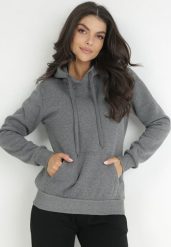 Ciemnoszara Bluza Basic z Kapturem Kasseia. Szare bluzy damskie Born2be, uniwersalny, bez wzorów, z dzianiny, z kapturem. Za 39.99 zł.