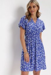 Granatowa Kwiecista Sukienka Mini z Wiskozy z Marszczoną Gumką w Pasie Catela. Niebieskie sukienki damskie Born2be, bez wzorów, z wiskozy, bez ramiączek. Za 89.99 zł.