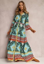 Ciemnozielono-Niebieska Sukienka Enysius. Niebieskie sukienki damskie Renee, bez wzorów, boho, bez ramiączek. W wyprzedaży za 75.99 zł.