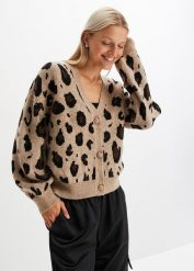 Sweter rozpinany w atrakcyjny wzór. Brązowe kardigany damskie bonprix, bez wzorów. Za 137.99 zł.