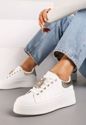 Biało-Złote Sneakersy na Grubej Podeszwie z Metaliczną Aplikacją i Cyrkoniami Loraria. Białe obuwie sportowe damskie Born2be, z materiału, bez zapięcia. Za 84.99 zł.