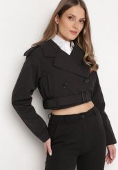 Czarna Kurtka Dwurzędowa z Paskiem na Dole o Skróconym Kroju Annulia. Czarne kurtki damskie Born2be, na lato, l, bez wzorów, bez kaptura. Za 169.99 zł.