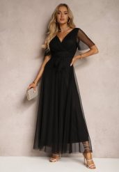Czarna Siateczkowa Sukienka z Kopertowym Dekoltem Wiązana w Talii Niblea. Czarne sukienki damskie Renee, bez wzorów, eleganckie, bez ramiączek. W wyprzedaży za 83.99 zł.