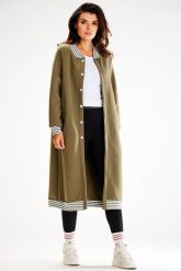 Długa Rozpinana Bluza ze Stójką - Khaki. Brązowe bluzy damskie Awama, l, bez wzorów, z bawełny, bez kaptura. Za 228.90 zł.