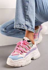 Biało-Różowe Sneakersy z Grubymi Sznurówkami na Niskiej Platformie Lasandre. Białe obuwie sportowe damskie Renee, bez zapięcia. Za 99.99 zł.