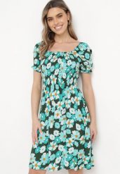 Niebiesko-Zielona Wiskozowa Sukienka Midi Rozkloszowana w Kwiatowy Print Acarana. Niebieskie sukienki damskie Born2be, bez wzorów, z materiału, bez ramiączek. Za 79.99 zł.