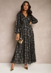 Czarna Rozkloszowana Sukienka z Ozdobnym Metalicznym Wzorem i Gumką w Talii Bonina. Czarne sukienki damskie Renee, bez wzorów, eleganckie, bez ramiączek. W wyprzedaży za 151.99 zł.