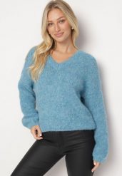 Niebieski Sweter z Wełną i Rozszerzanymi Rękawami Sinara. Niebieskie swetry klasyczne damskie Born2be, z wełny, bez kołnierzyka. Za 149.99 zł.