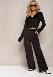 Czarny Komplet Dresowy z Welurowej Dzianiny Szerokie Spodnie i Krótka Bluza Avilti. Czarne bluzy damskie Renee, l, bez wzorów, z dresówki, z kapturem. Za 74.99 zł.