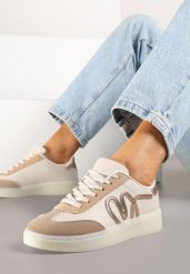 Ciemnobeżowe Sneakersy w Stylu Kultowych Tenisówek Zdobione Aplikacją Zillifia. Brązowe obuwie sportowe damskie Born2be, z jeansu, bez zapięcia, tenisowe. Za 84.99 zł.