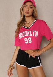 Fuksjowy T-shirt z Bawełny Ozdobiony Napisem Lireline. Czerwone t-shirty damskie Renee, m, bez wzorów, z bawełny, bez kołnierzyka. Za 34.99 zł.